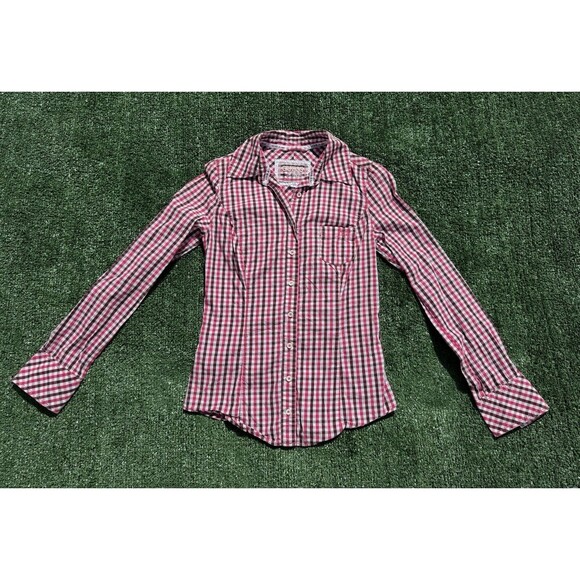 Guess Shirt Women Size Small Button Up Long Roll Tab Sleeve Plaid Pocket Pink - Picture 1 of 7